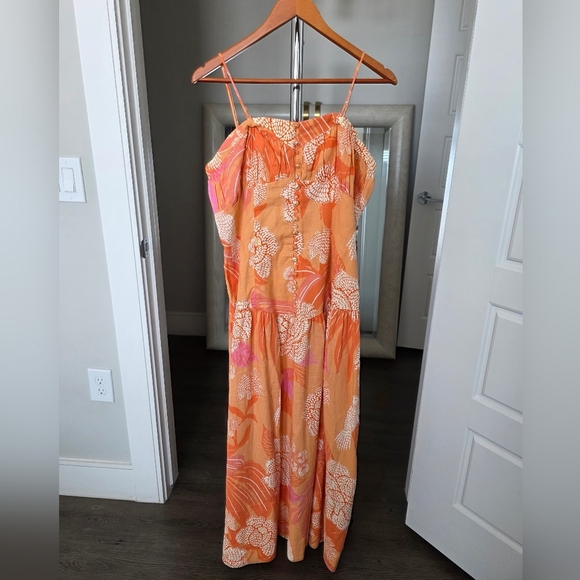 Farm Rio x Anthropologie Linen Blend Strapless Drop-Waist Maxi Dress Size L - Picture 3 of 10